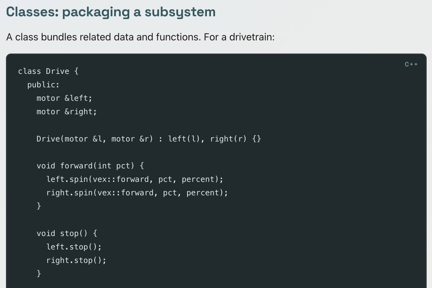 A lesson page on classes packaging a robot subsystem in C++