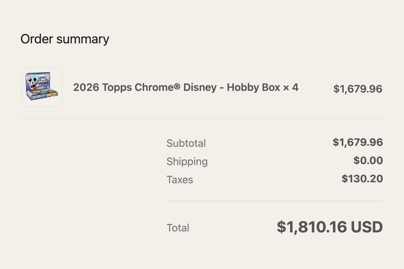 Order confirmation for Topps Chrome Disney boxes, totaling 1,810.16 dollars