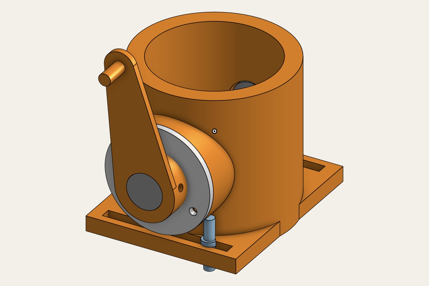 Onshape render of the grease-pack canister with an actuating arm and pivot